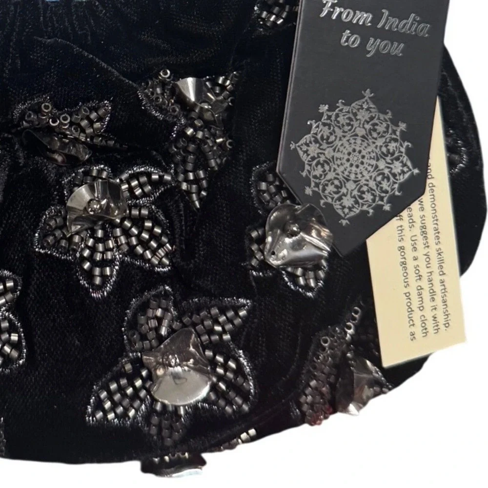 New Release Velvet Beaded Floral Black Chic Round Handle Small Tote Bag NWT